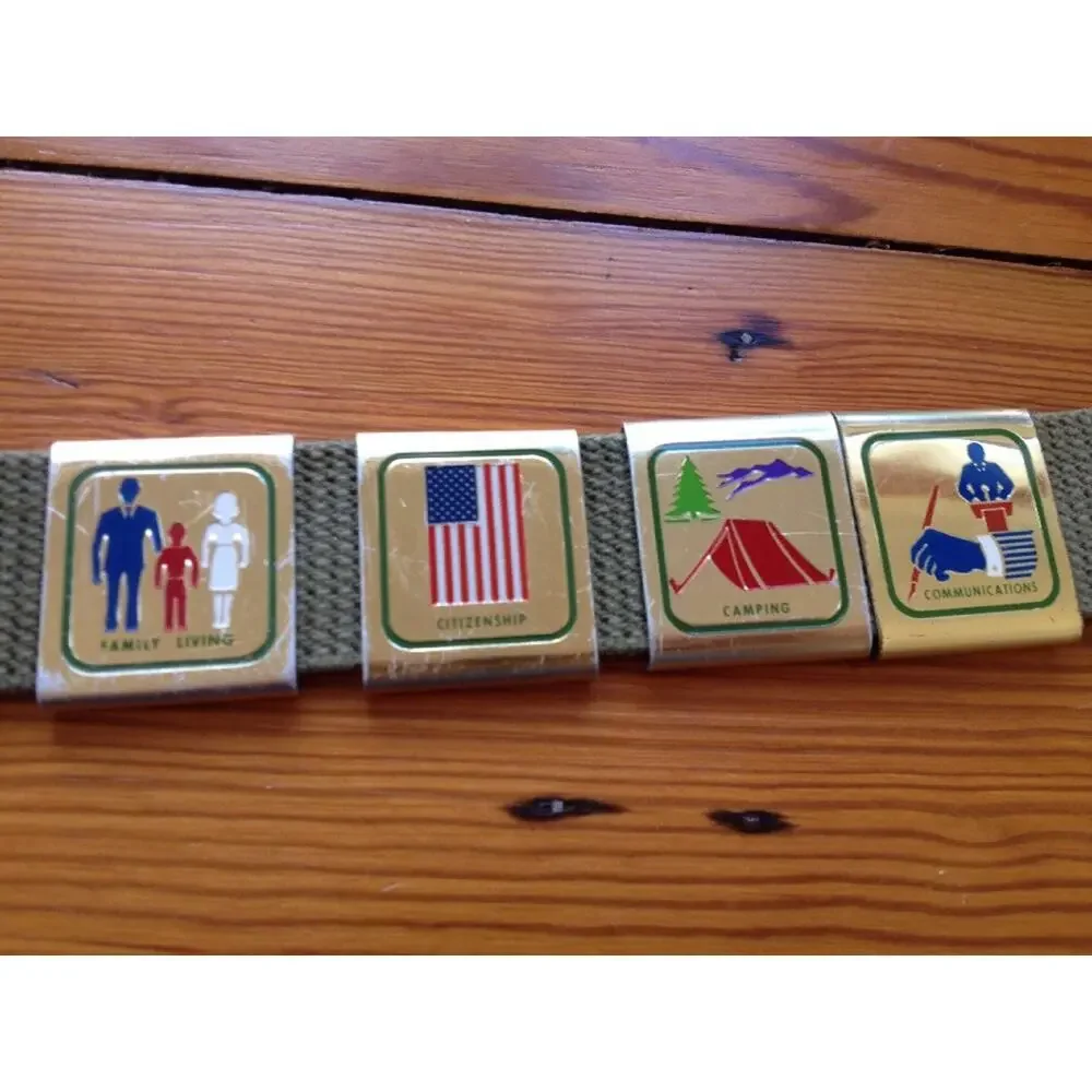 Vintage Cub Scout Belt with 8 Activity Badges Slides Brass Buckle 28